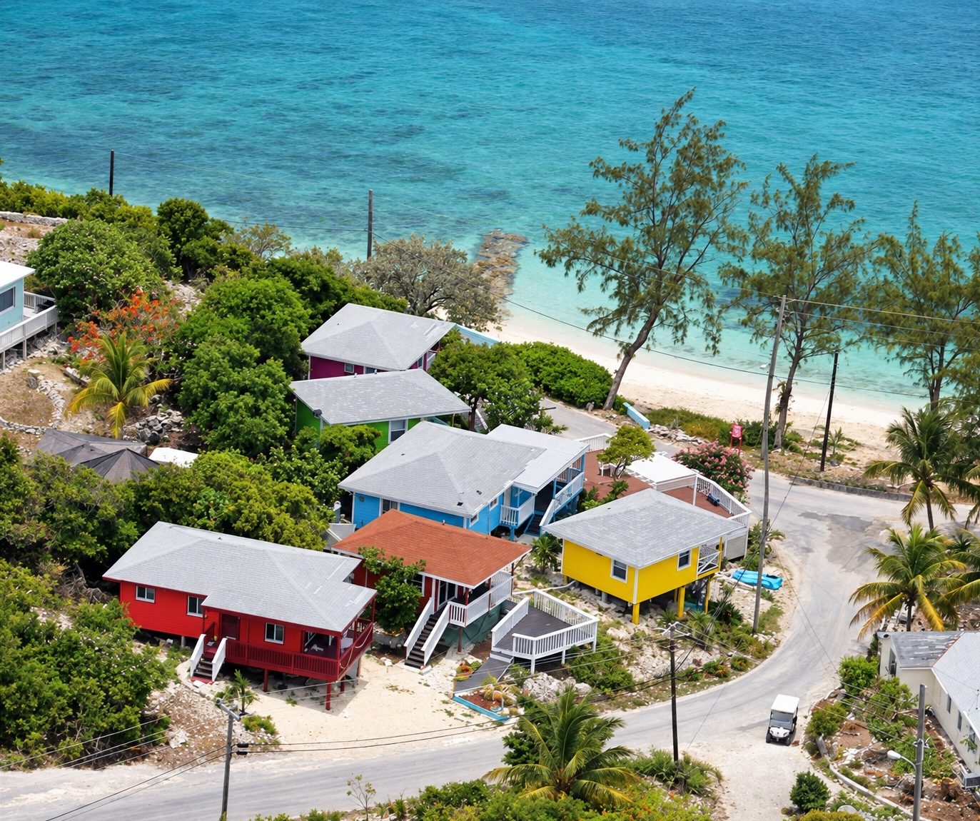 Chamberlain villas aerial close, Staniel Cay, Exuma, The Bahamas
