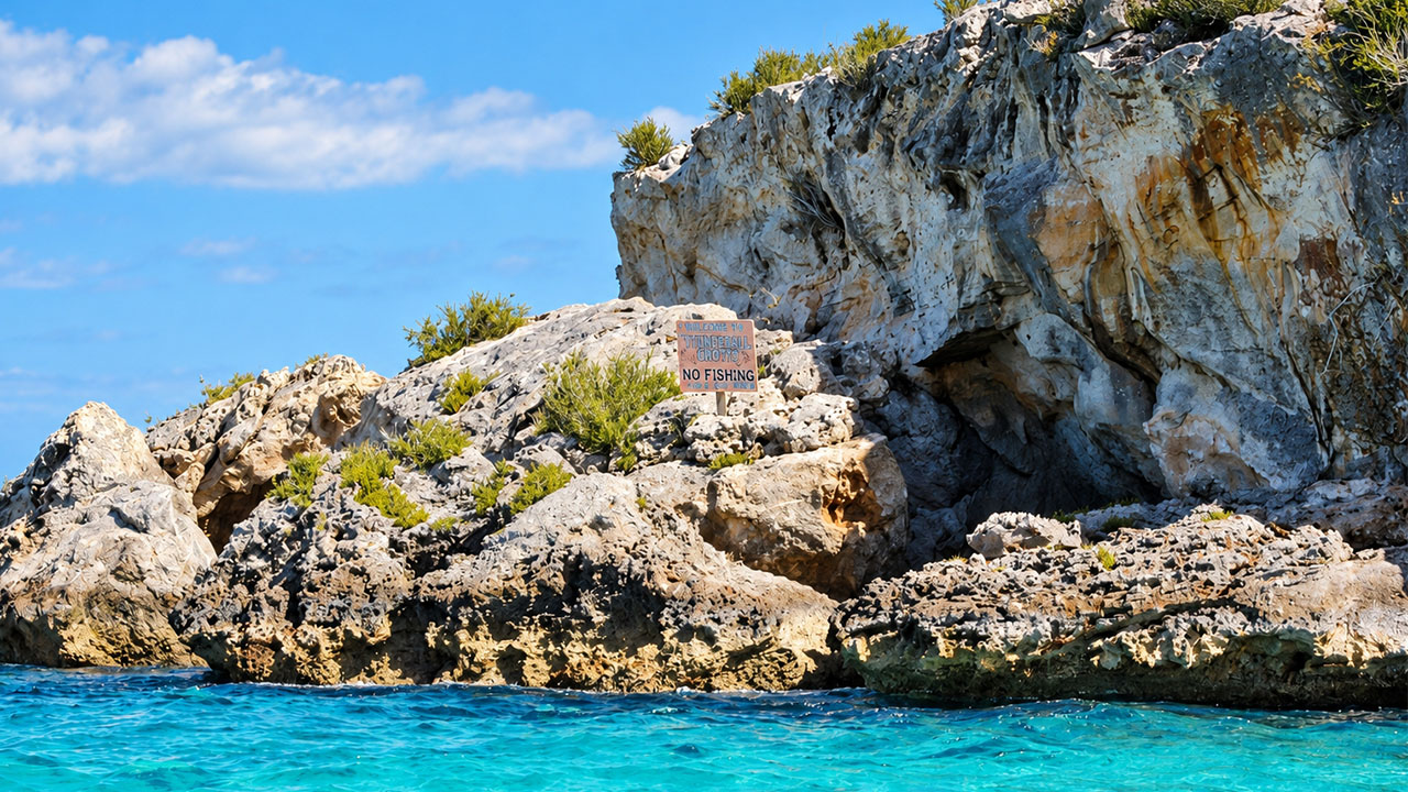 Limestone rock formation at Thunderball Grotto in the Exumas