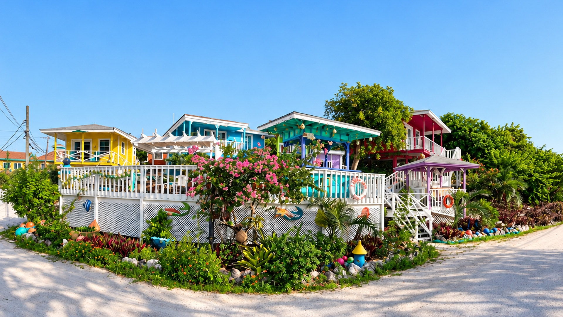 The row of hand painted Chamberlain villas in yellow, teal, pink and purple behind their white deck, seen from the sand road on Staniel Cay